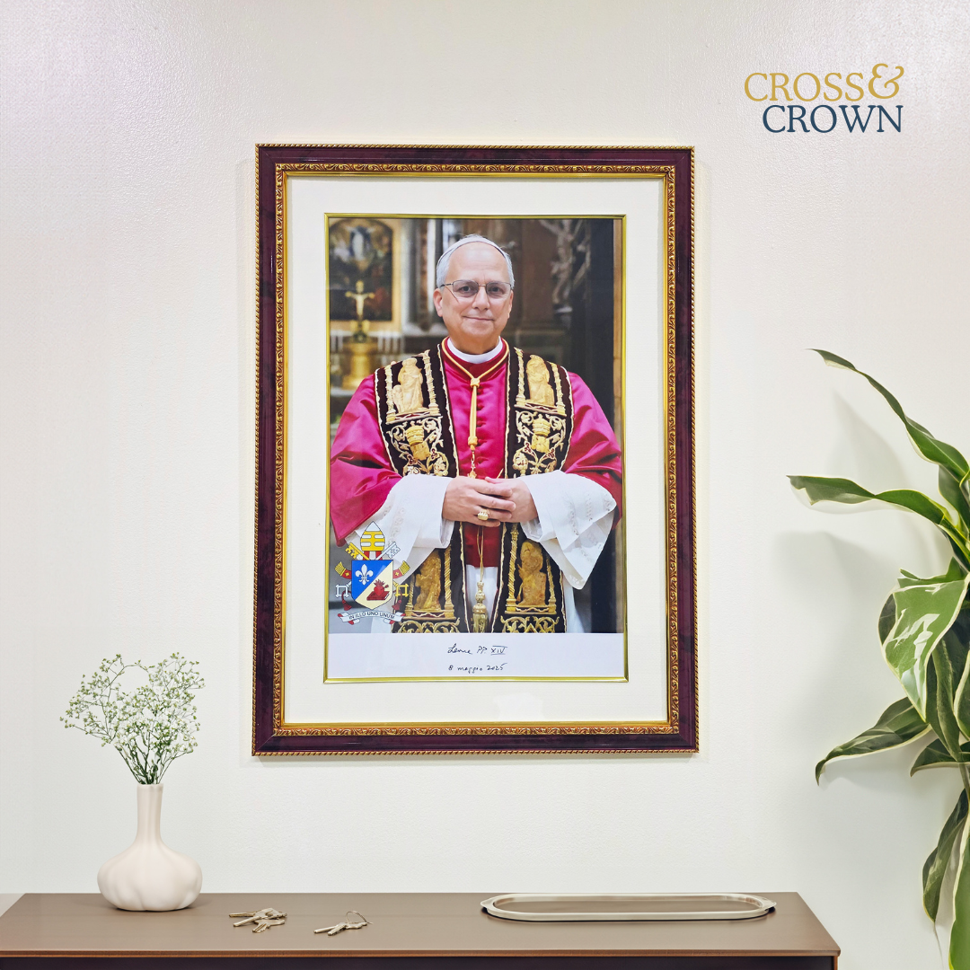 Official Papal Portrait of Pope Leo XIV with Crimson/Gold Ornate Frame with Gold Detailing