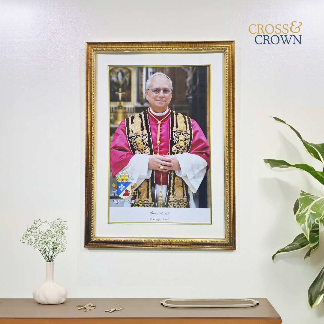 Official Papal Portrait of Pope Leo XIV with Crimson/Gold Ornate Frame with Gold Detailing